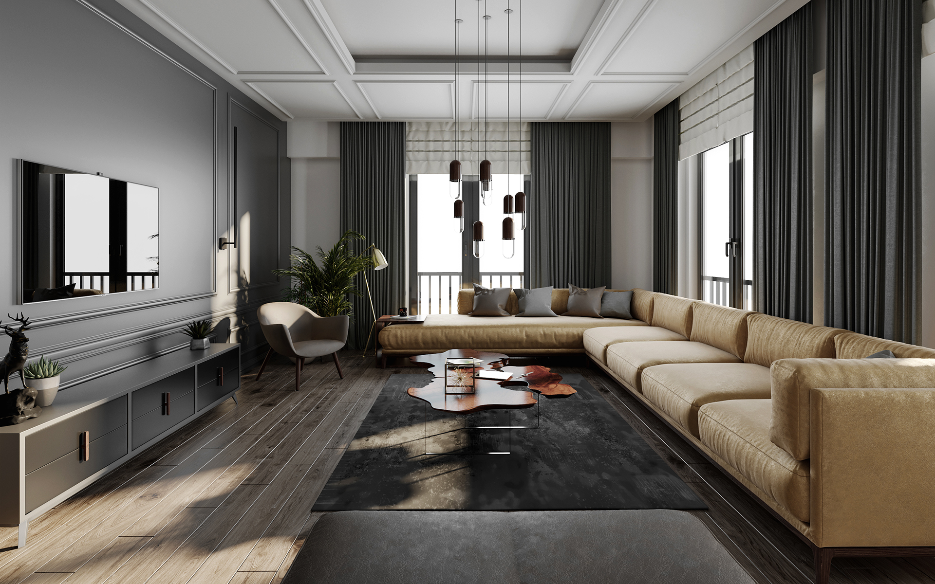 全屋定制美式护墙板电视墙效果图3